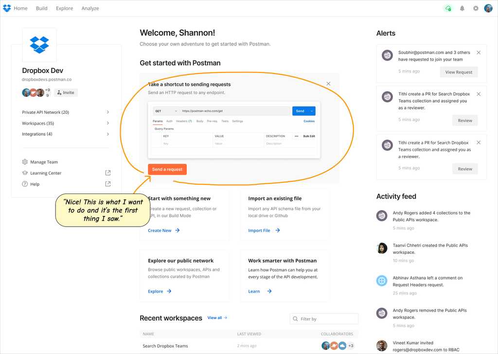 The Postman App homepage showing a shortcut to sending the first request