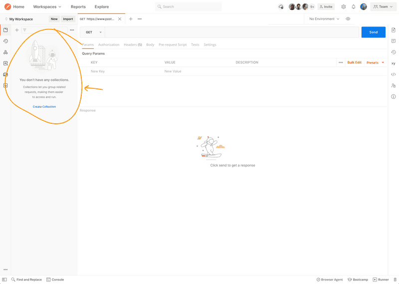 A Postman workspace showing an empty state, nudging the user to create a collection