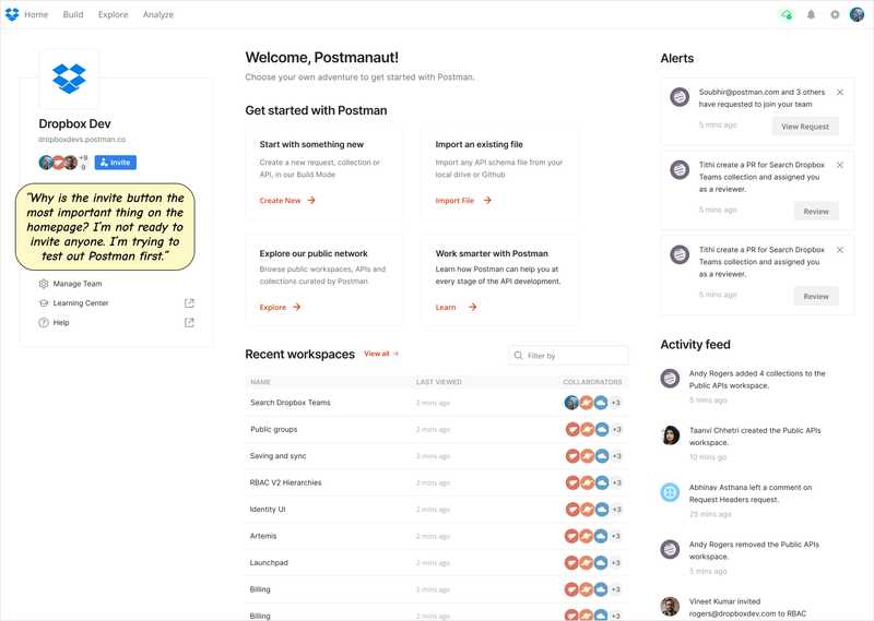 The Postman App homepage showing many activity feeds and links to team information