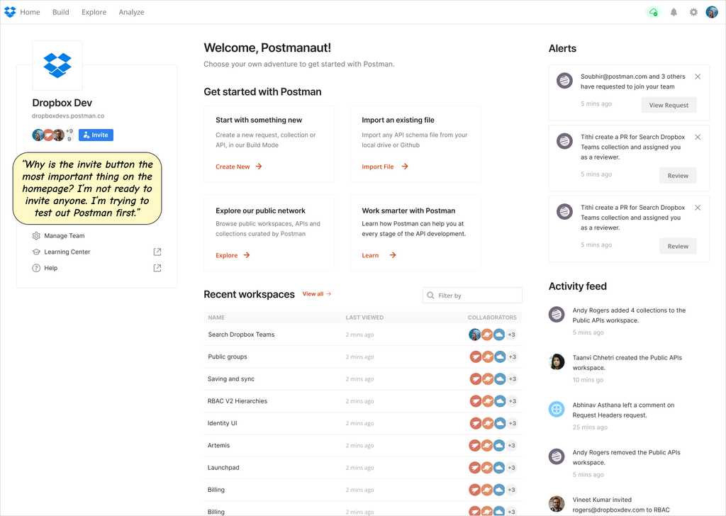 The Postman App homepage showing many activity feeds and links to team information