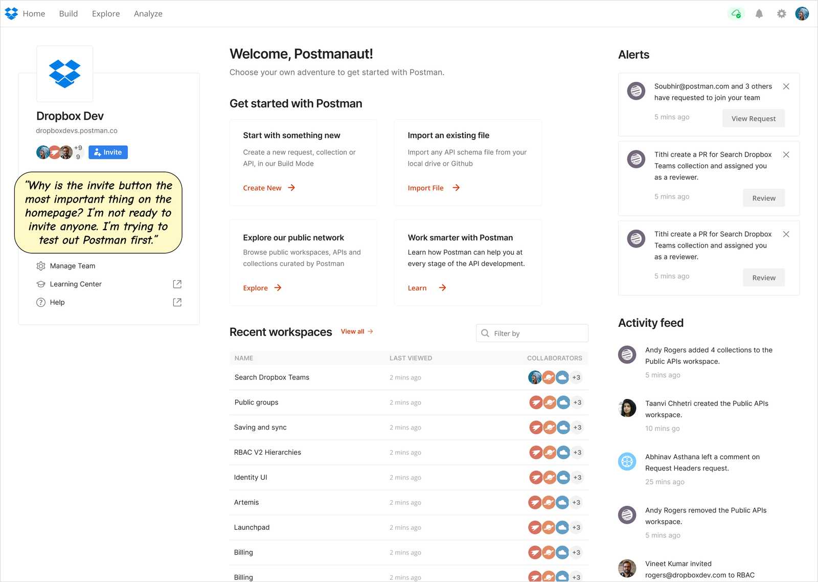 The Postman App homepage showing many activity feeds and links to team information