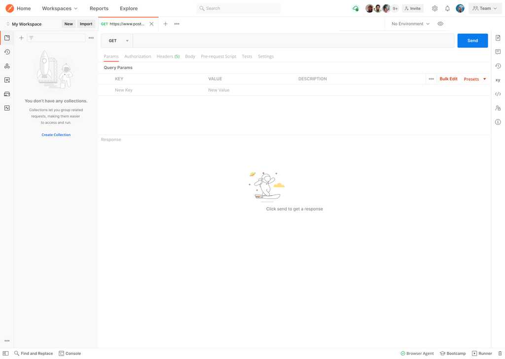 A Postman workspace showing an empty state, nudging the user to create a collection