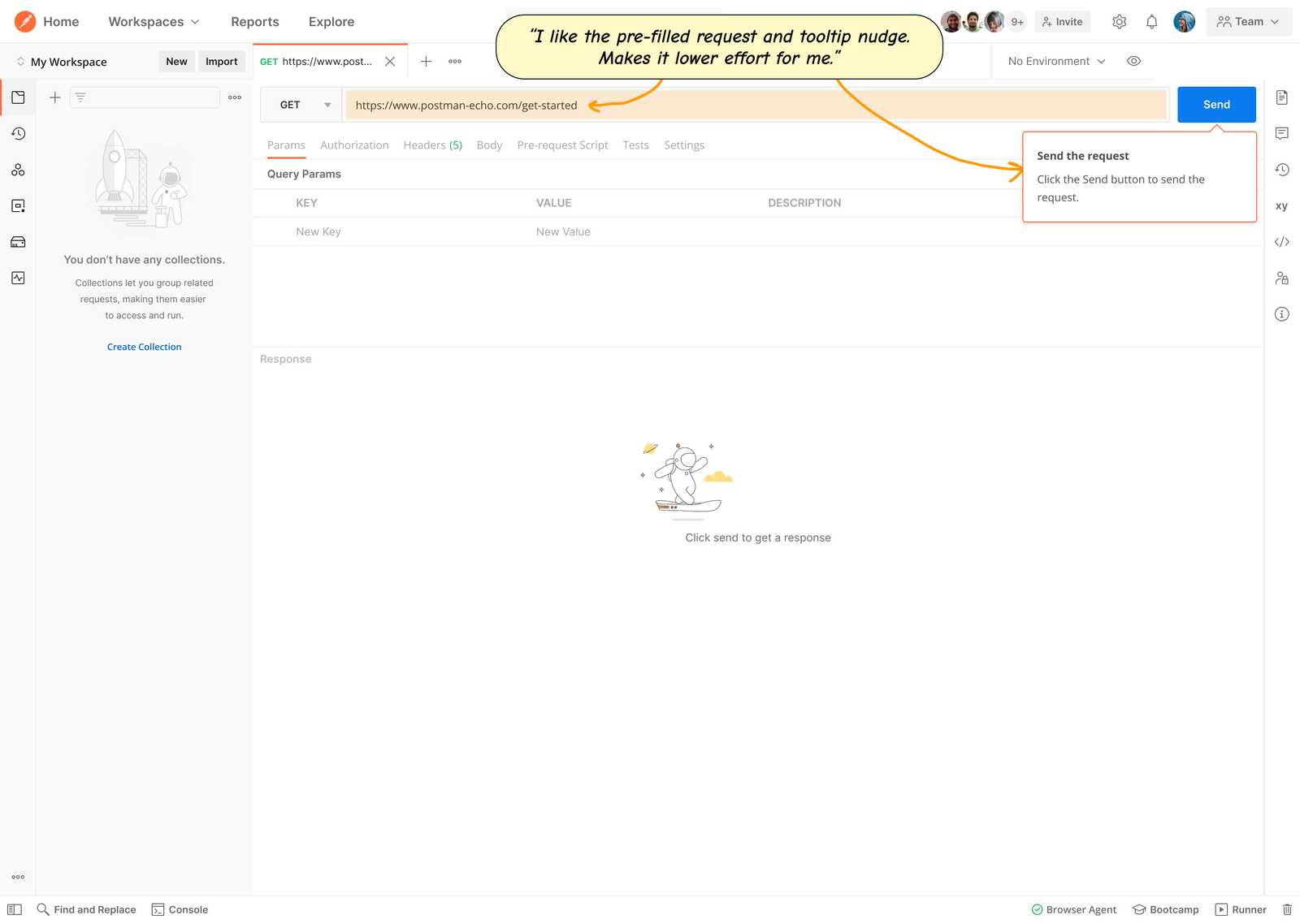 A Postman workspace showing an pre-filled API request input field