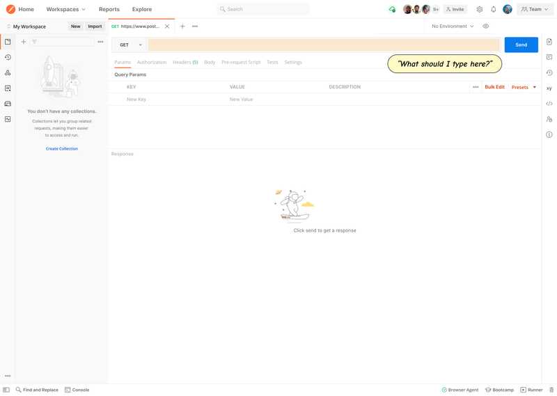 A Postman workspace showing an empty API request input field