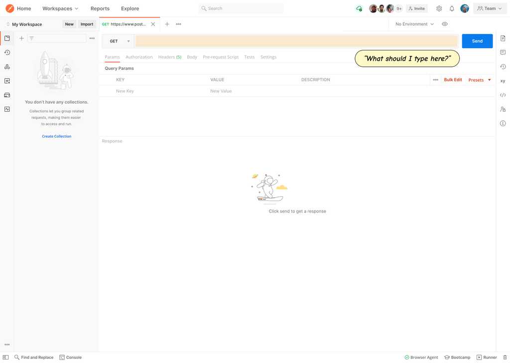 A Postman workspace showing an empty API request input field