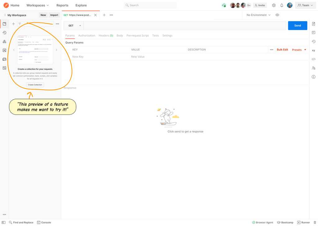 A Postman workspace showing a new version of the same empty state that includes a preview of collection features