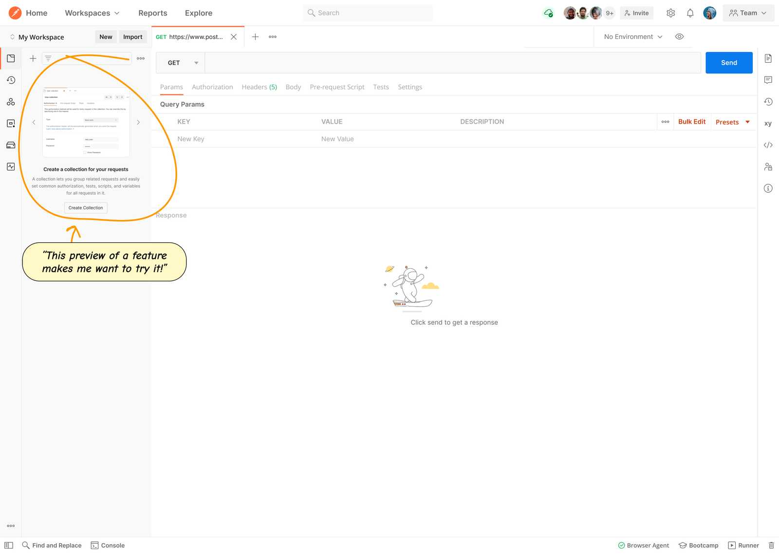 A Postman workspace showing a new version of the same empty state that includes a preview of collection features